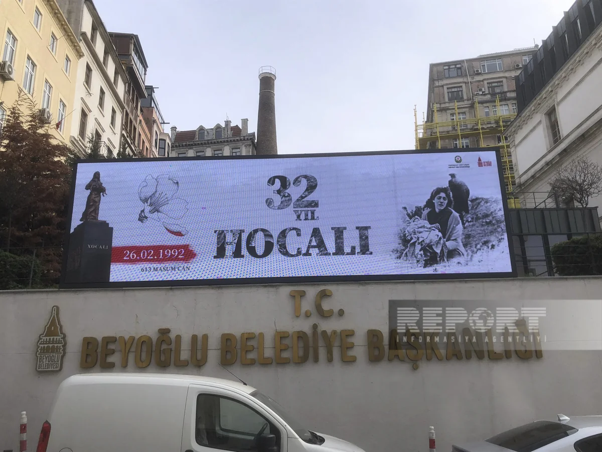 Images depicting Khojaly genocide displayed on monitors installed in Istanbul streets