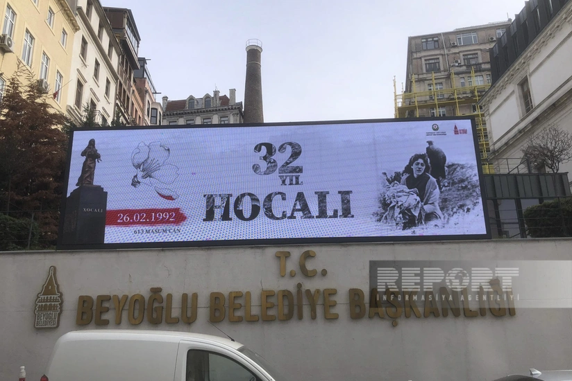 Images depicting Khojaly genocide displayed on monitors installed in Istanbul streets