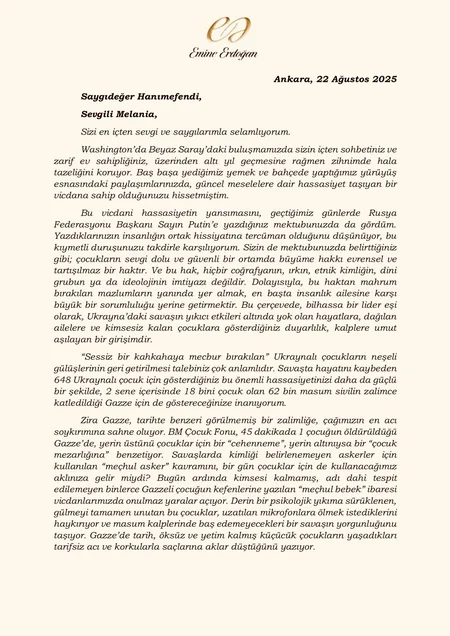 Əminə Ərdoğan Qəzzada uşaqların vəziyyəti ilə bağlı Melaniya Trampa məktub yazıb