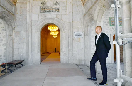 Ilham Aliyev and Mehriban Aliyeva visit Yukhari Govhar Agha Mosque in Shusha 