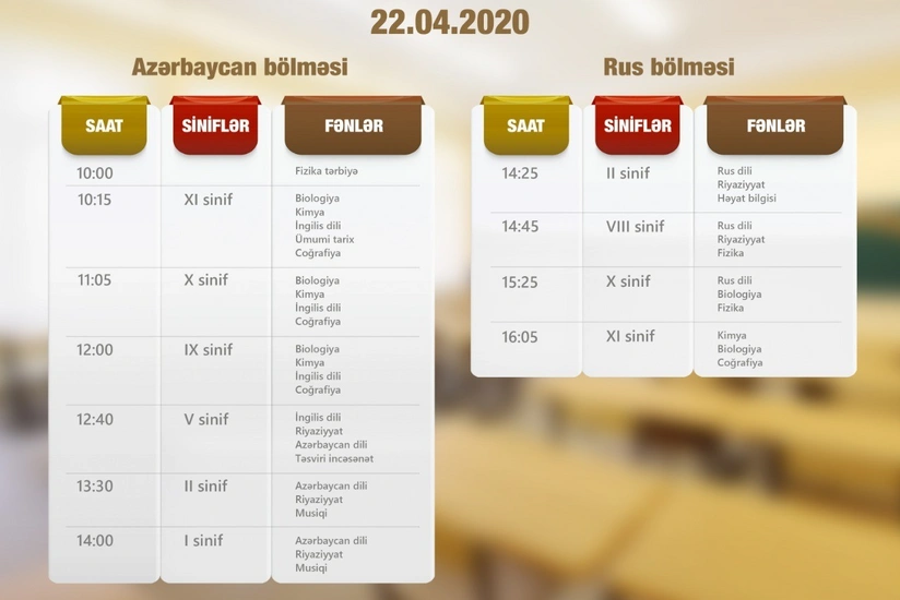 Teledərslərin sabaha olan cədvəli açıqlandı