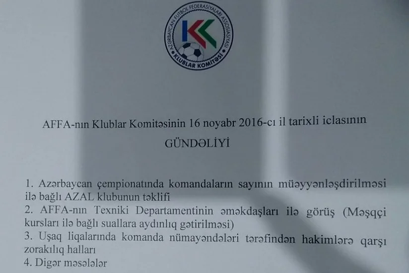AFFA Klublar Komitəsinin iclasının gündəliyi müəyyənləşib