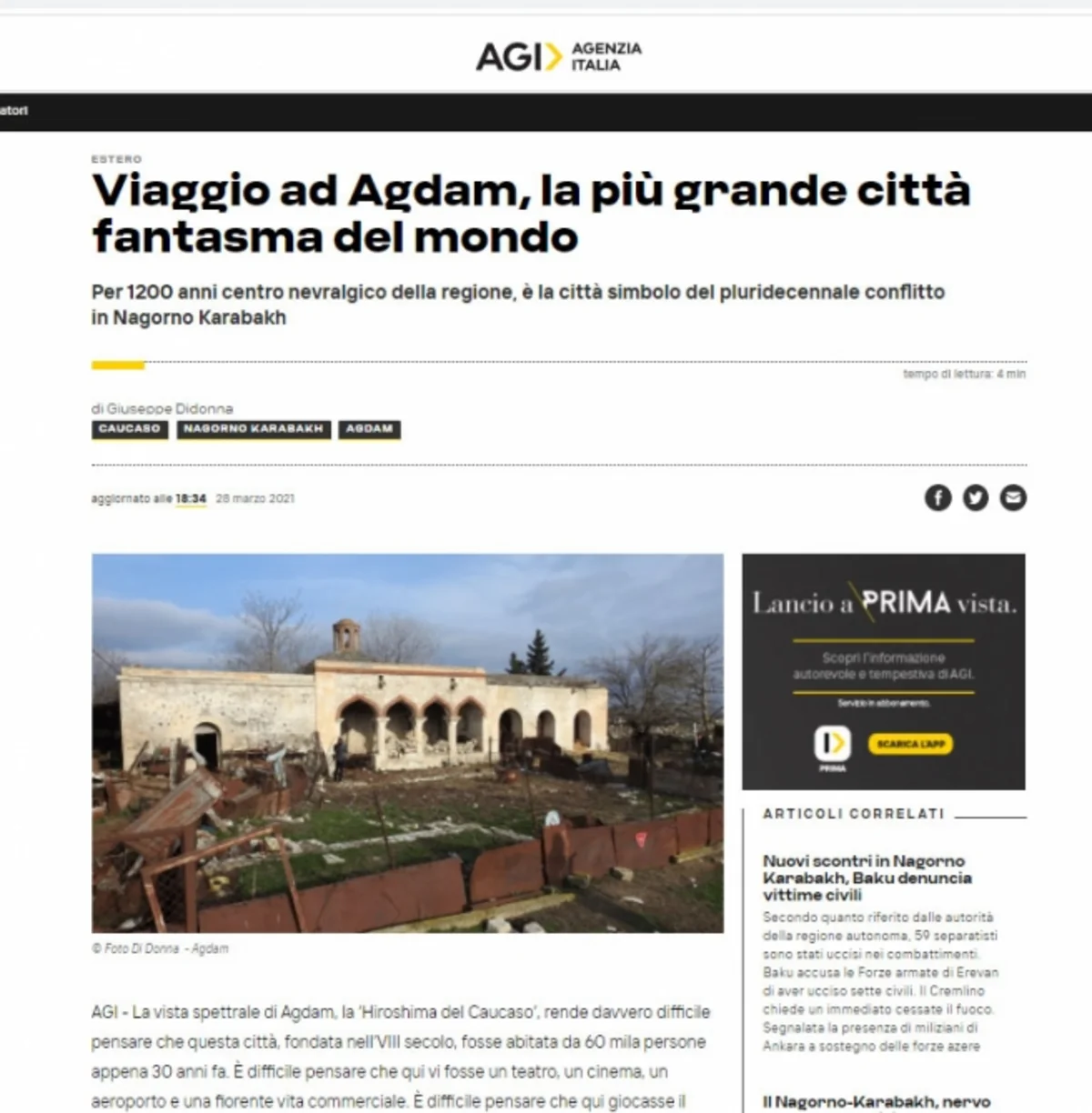 Italian news agency AGI publishes article about Azerbaijan's ghost city of Aghdam