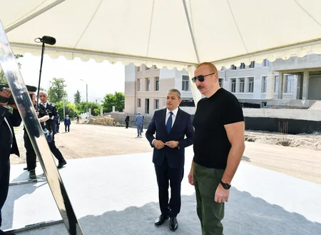 President Ilham Aliyev views construction progress of secondary school No 1 in Shusha