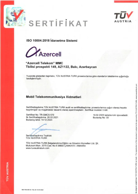 Azercell awarded international certificate for quality management