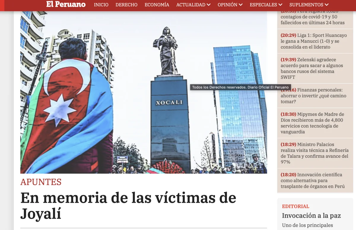 Peru rəsmi dövlət qəzetində Xocalı ilə əlaqədar məqalə dərc edilib