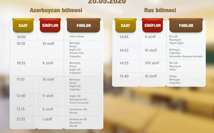 Teledərslərin sabaha olan cədvəli açıqlandı
