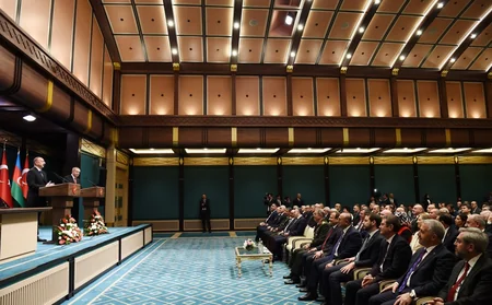 Azerbaijani and Turkish presidents making joint statements to press