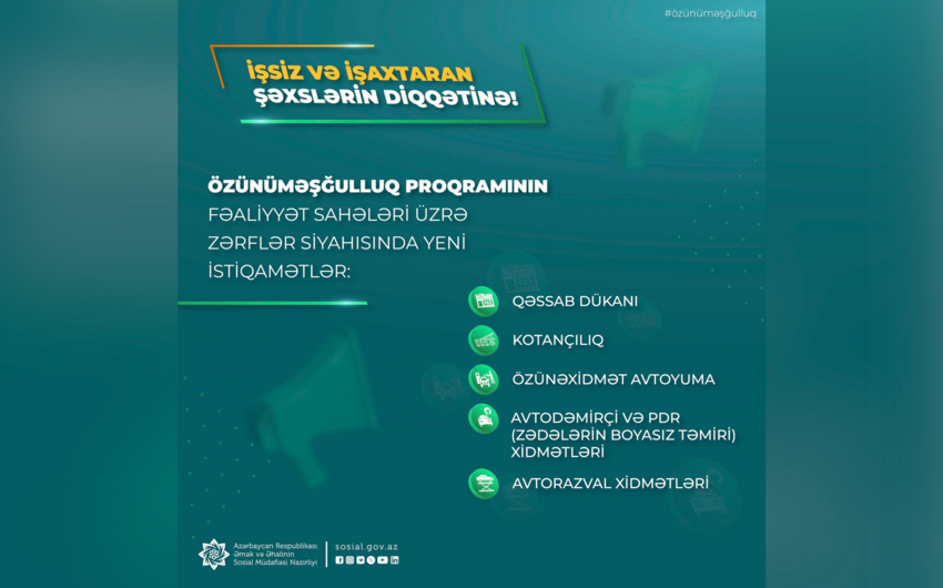 Özünüməşğulluq proqramına beş yeni istiqamət əlavə edilib