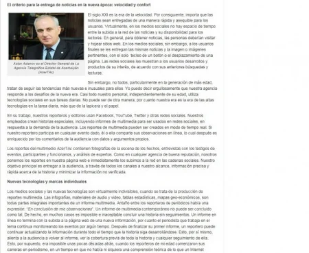​Amerikanın “Eurasia Hoy” portalında AzərTAc-ın baş direktoru Aslan Aslanovun məqaləsi dərc edilib