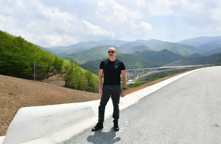 Azerbaijan's President, First Lady view progress of work at 66th-81st kilometer section of Ahmadbayli-Fuzuli-Shusha highway