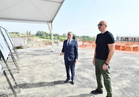 President Ilham Aliyev examines construction progress of Shusha city hospital