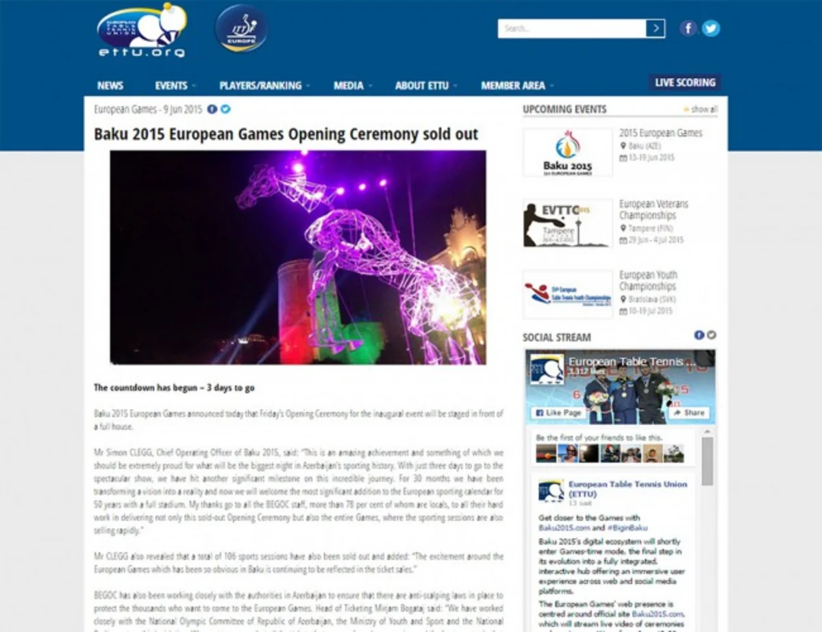 European Table Tennis Federation's website publishes article about Baku 2015 Games