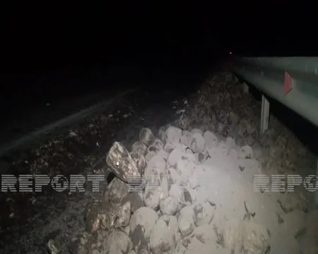 Goranboyda şəkər çuğunduru daşıyan yük maşını aşıb