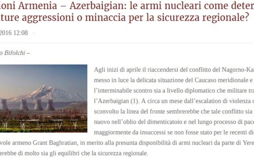 ​İtaliya mətbuatında Ermənistanın Azərbaycana qarşı nüvə silahı ilə təhdidinə dair məqalə dərc olunub