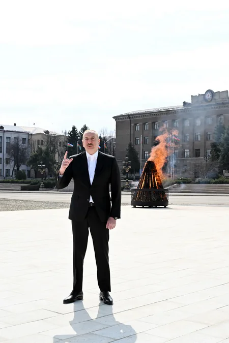 President Ilham Aliyev lights Novruz bonfire in Khankandi