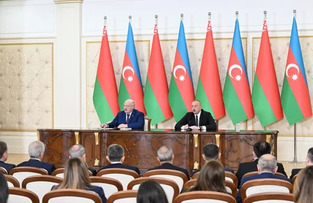 President Ilham Aliyev and President Aleksandr Lukashenko make press statements
