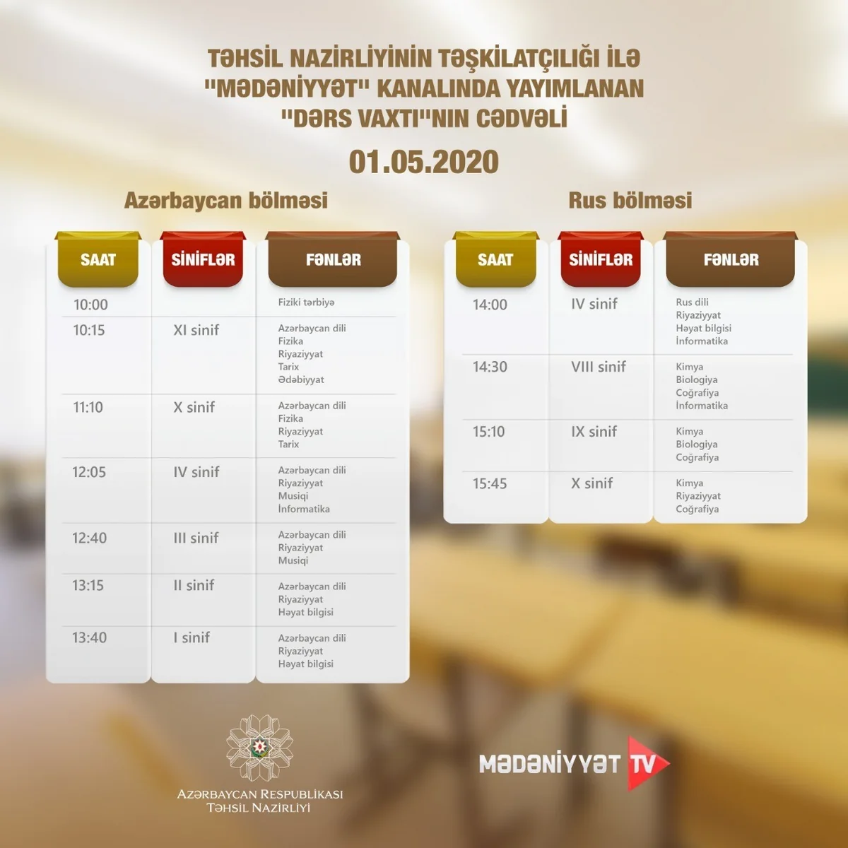 Teledərslərin mayın 1-nə olan cədvəli