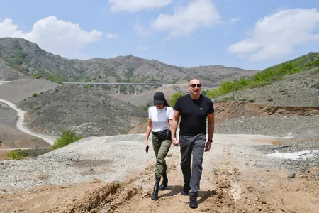 Azerbaijan's President, First Lady view progress of work at 66th-81st kilometer section of Ahmadbayli-Fuzuli-Shusha highway