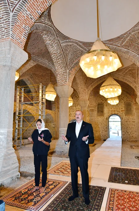 Ilham Aliyev and Mehriban Aliyeva visit Yukhari Govhar Agha Mosque in Shusha 