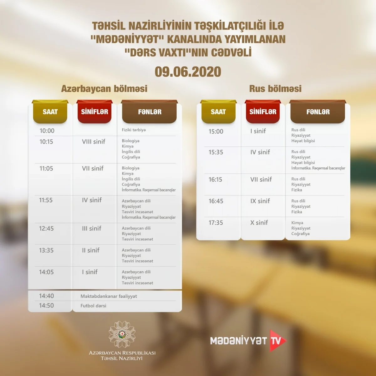 Dərs vaxtının iyunun 9-na olan cədvəli açıqlandı