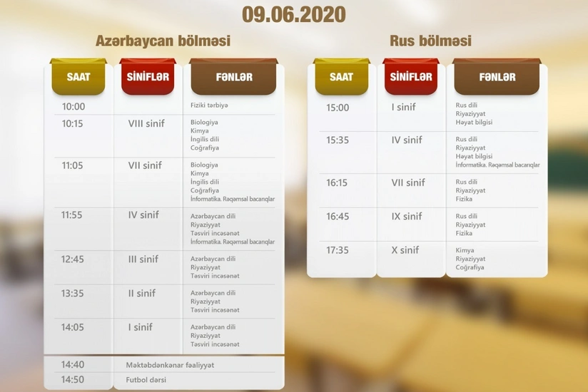 Dərs vaxtının iyunun 9-na olan cədvəli açıqlandı