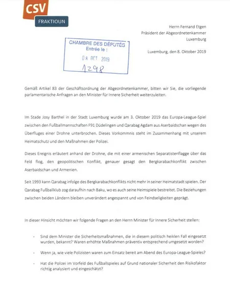 Minister for Internal Security of Luxembourg comments on Armenian provocation at Dudelange-Qarabag match