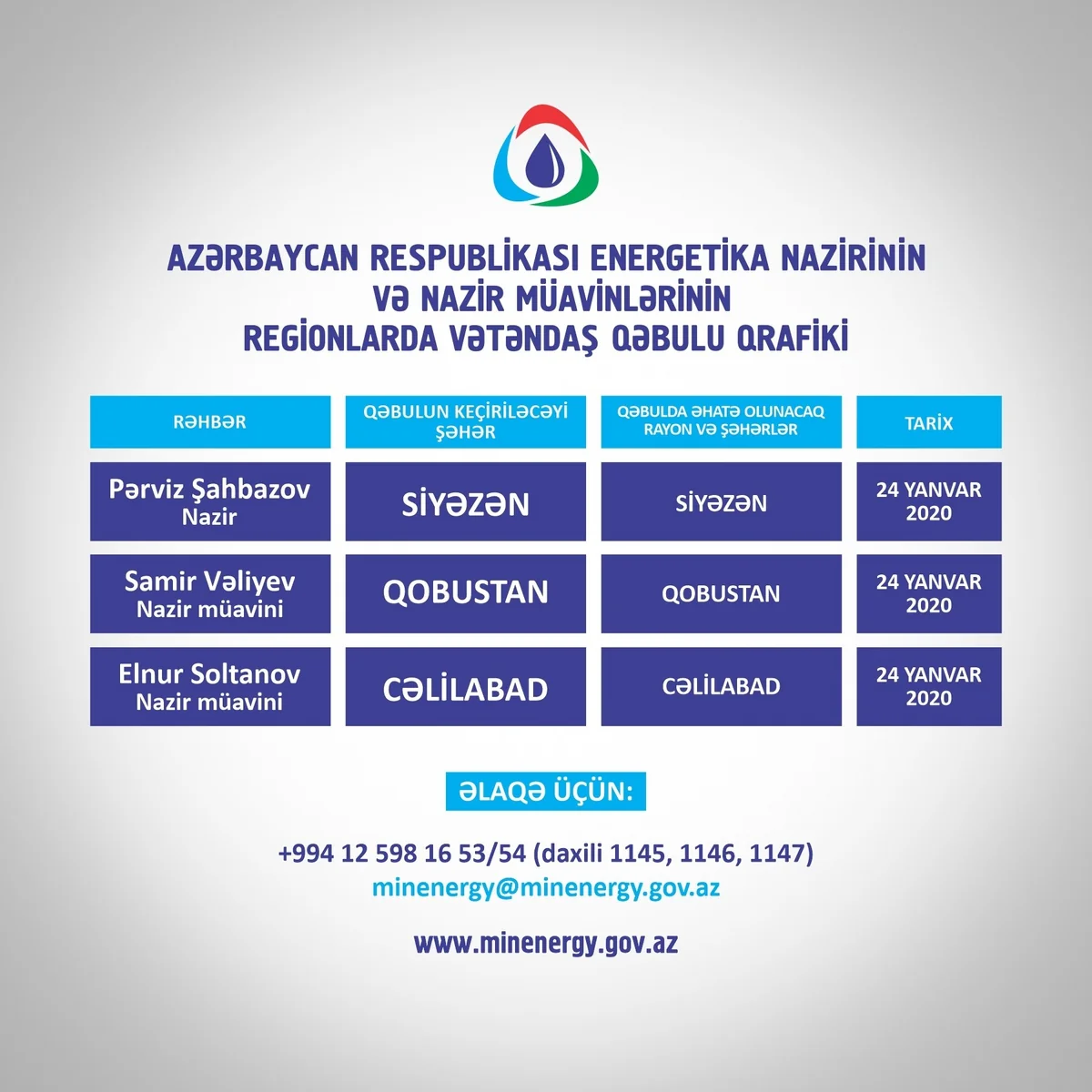 Energetika naziri və nazir müavinləri bölgələrdə vətəndaşları qəbul edəcək