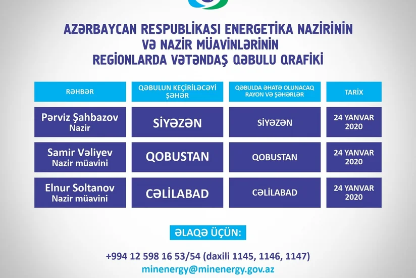 Energetika naziri və nazir müavinləri bölgələrdə vətəndaşları qəbul edəcək