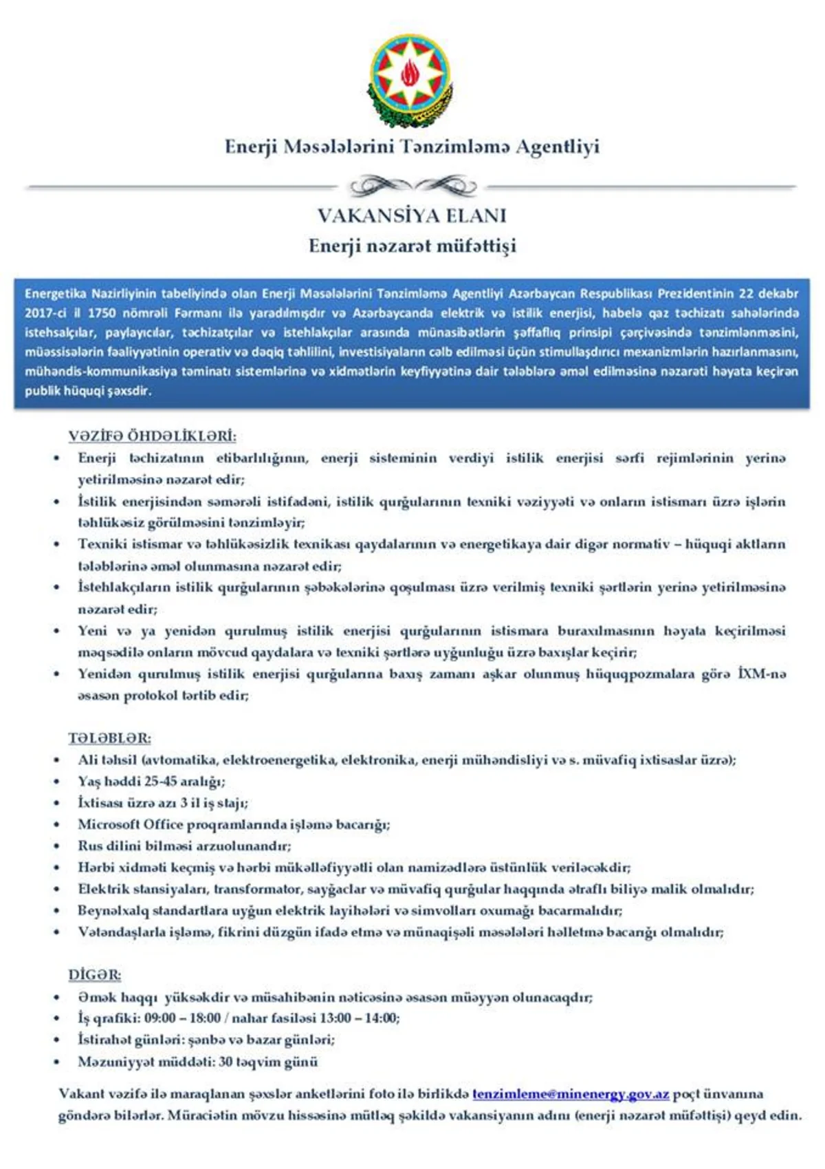 Enerji Məsələlərini Tənzimləmə Agentliyi vakansiya elan edib