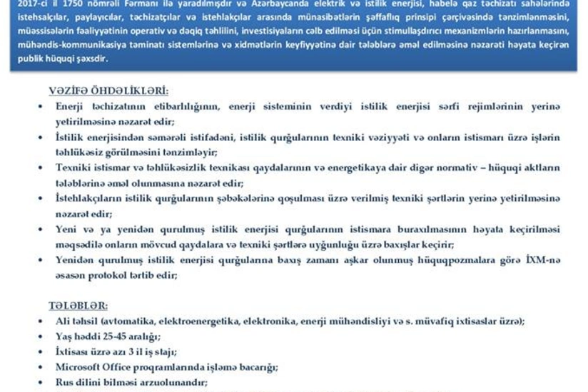 Enerji Məsələlərini Tənzimləmə Agentliyi vakansiya elan edib