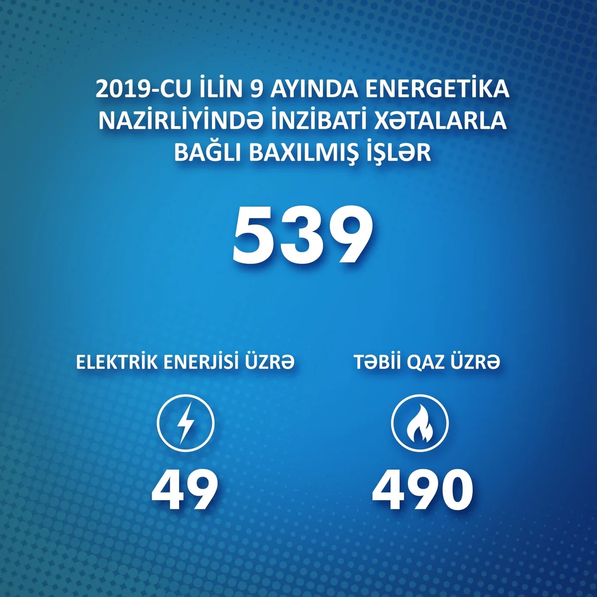 Bu ilin 9 ayında Energetika Nazirliyində inzibati xətalarla bağlı 539 işə baxılıb