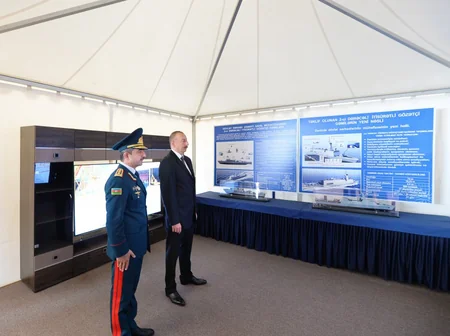 President Ilham Aliyev views newly built Tufan type border guard ship