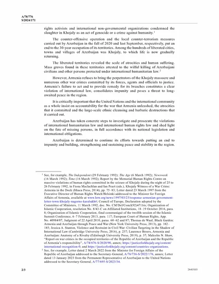 Azərbaycanın Xocalı soyqırımı ilə bağlı Baş katibə göndərdiyi məktub BMT-nin rəsmi sənədi kimi yayılıb