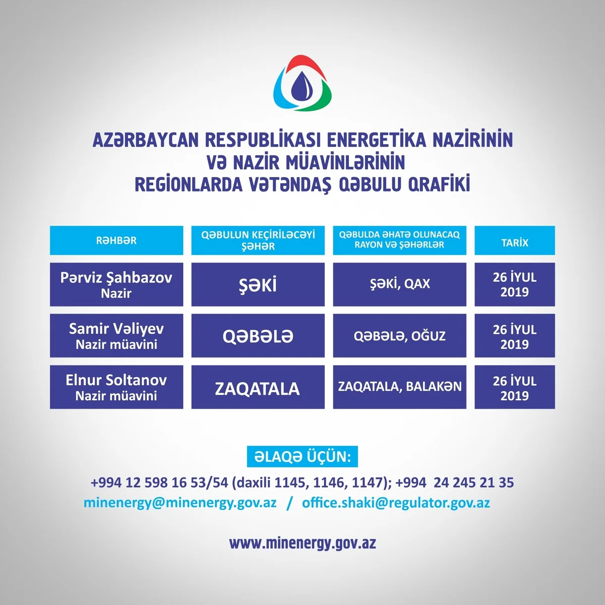 Energetika naziri və müavinləri şimal-qərb bölgəsində vətəndaşlarla görüşəcəklər