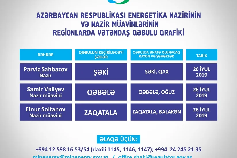 Energetika naziri və müavinləri şimal-qərb bölgəsində vətəndaşlarla görüşəcəklər