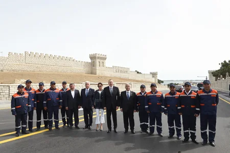 President Ilham Aliyev inaugurates a new bridge in Pirallahi settlement
