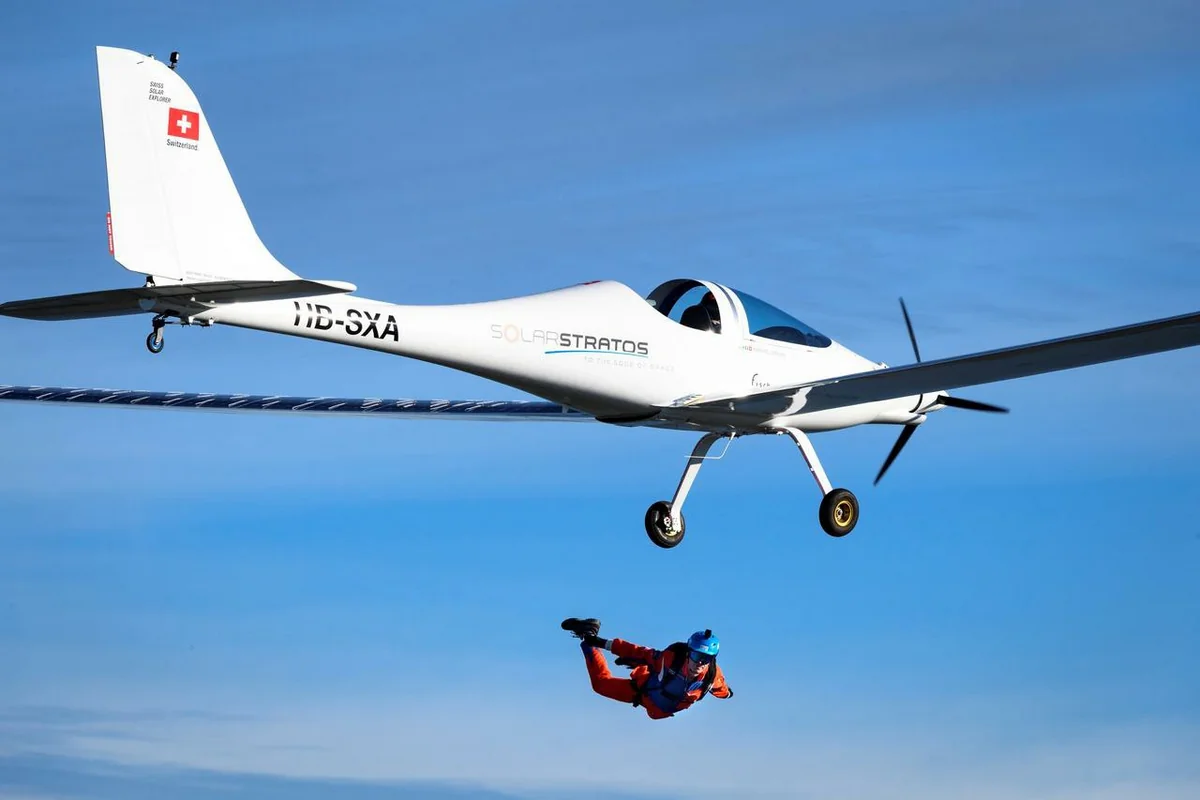 Parachutist makes world's first skydive from solar-powered plane