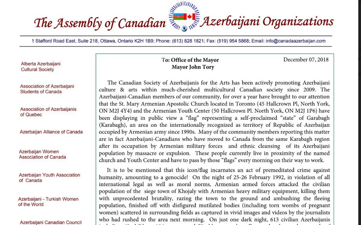 Canadian Azerbaijanis send letter of protest to country's officials over Armenian provocation