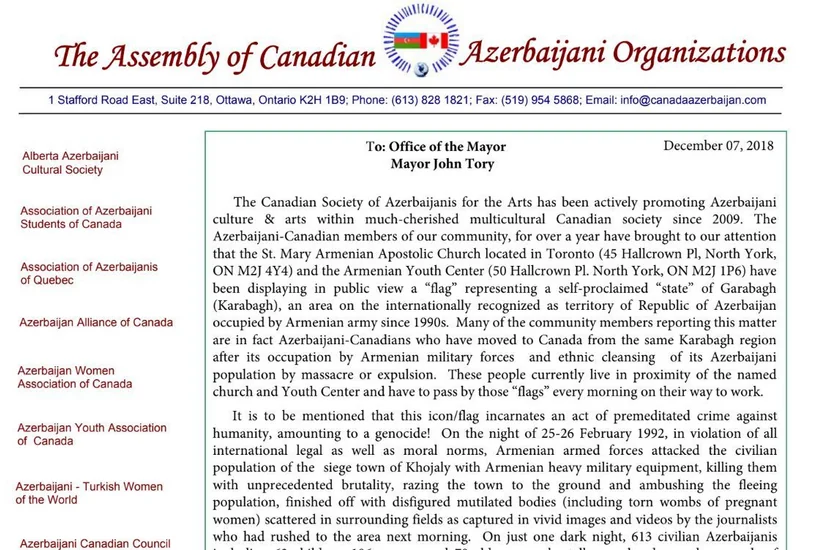 Canadian Azerbaijanis send letter of protest to country's officials over Armenian provocation