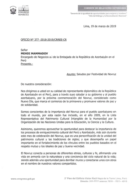 Peru Konqresi Azərbaycan xalqını Novruz bayramı münasibətilə təbrik edib