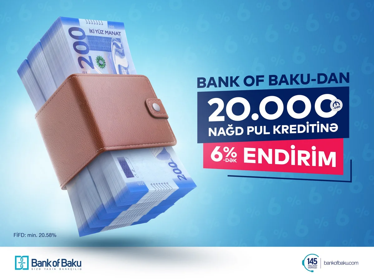 Bank of Baku 20 min manata qədər nağd pul kreditinə 6%-ə qədər endirim edib