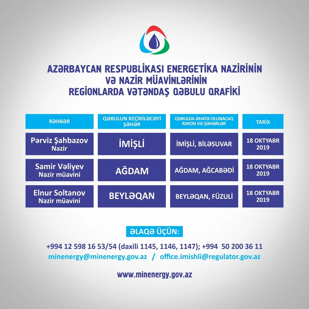 Energetika naziri və müavinləri İmişli, Ağdam və Beyləqanda vətəndaşlarla görüşəcək
