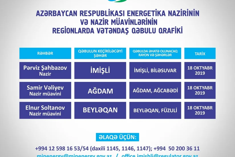 Energetika naziri və müavinləri İmişli, Ağdam və Beyləqanda vətəndaşlarla görüşəcək