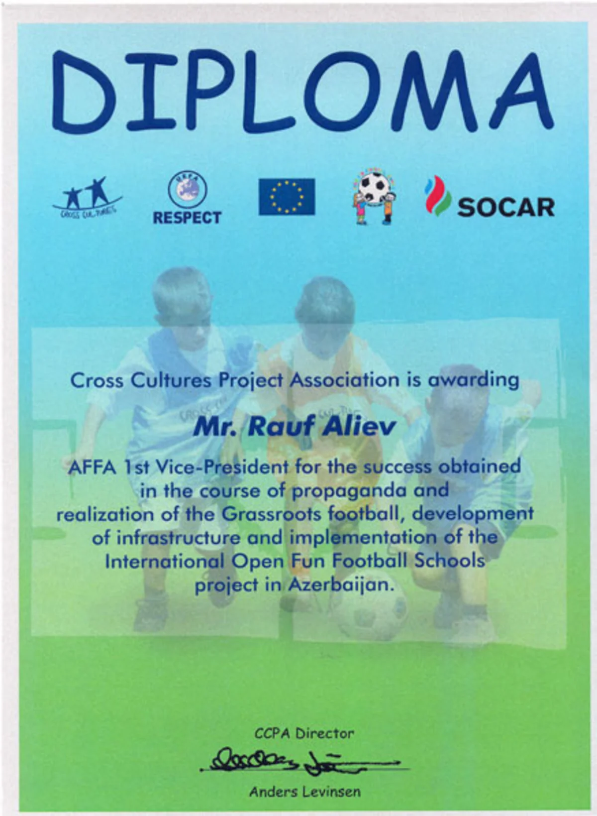 I вице-президент АФФА Рауф Алиев удостоен диплома