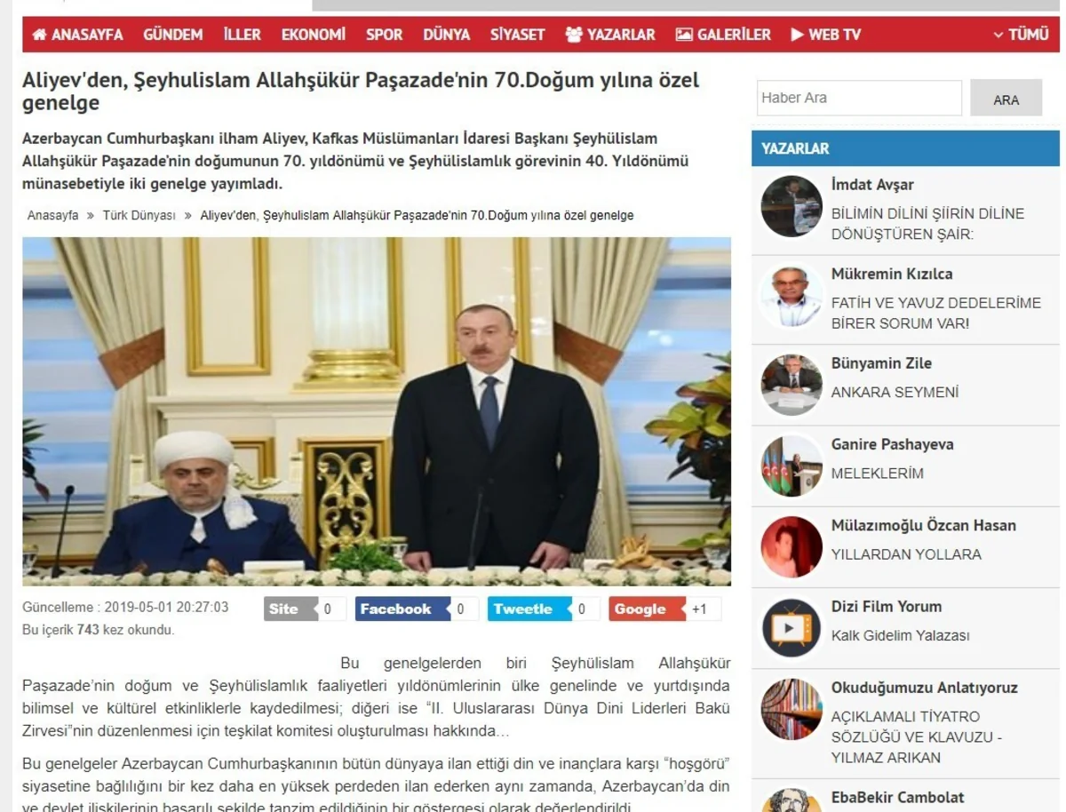 Türkiyə KİV-ləri Prezident İlham Əliyevin Allahşükür Paşazadə ilə bağlı sərəncamından yazıb