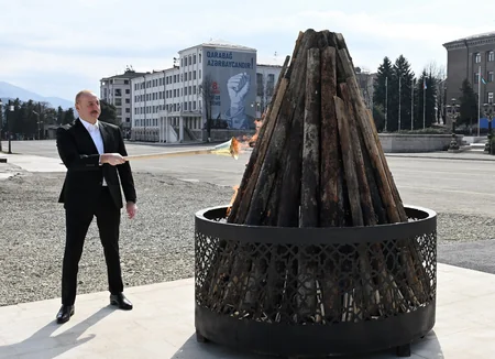 President Ilham Aliyev lights Novruz bonfire in Khankandi