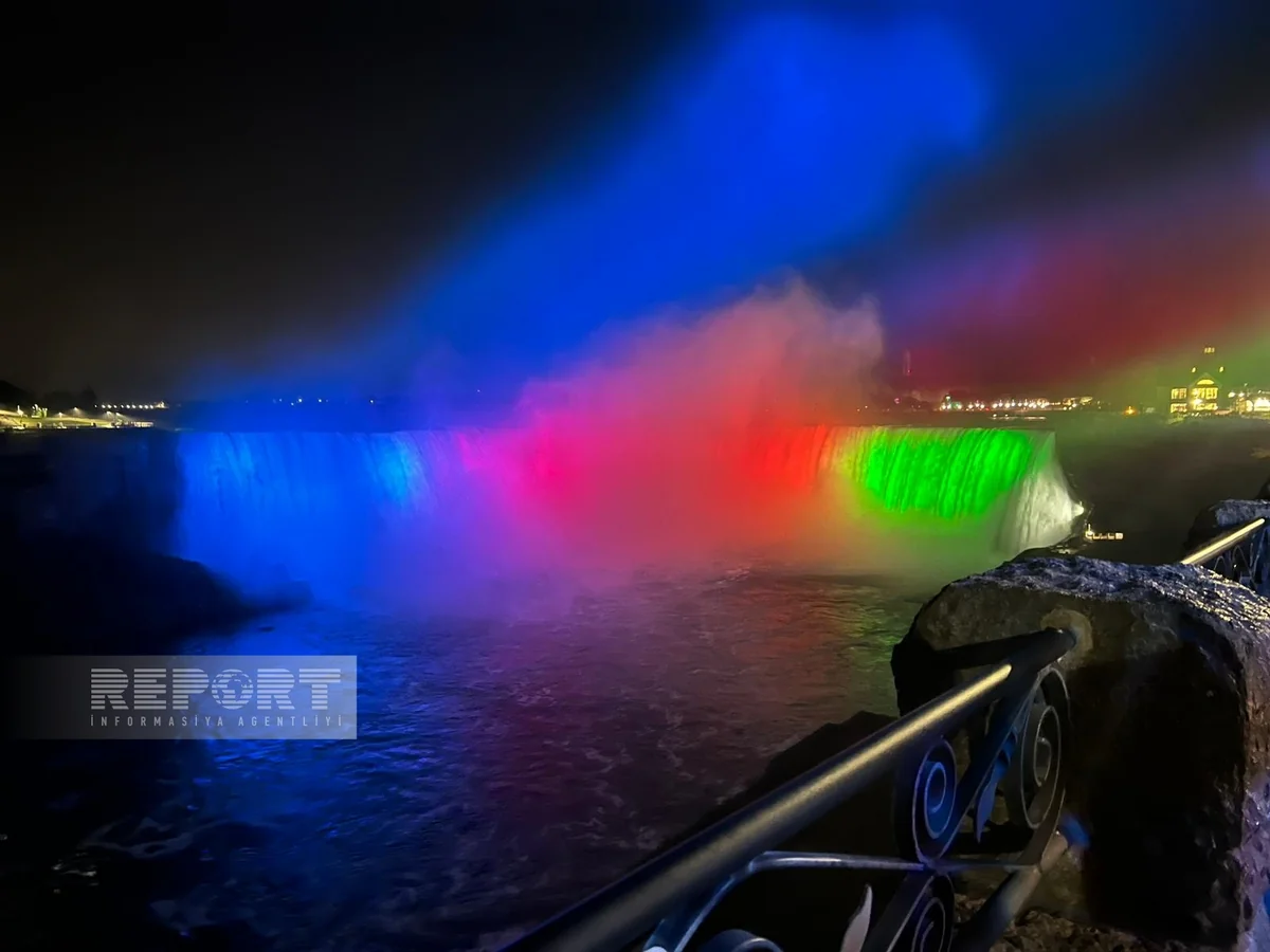 Niagara Falls lit up with colors of Azerbaijani Flag
