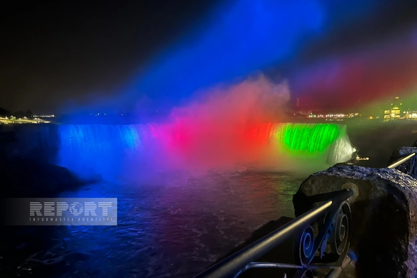 Niagara Falls lit up with colors of Azerbaijani Flag