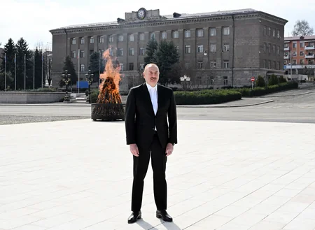 President Ilham Aliyev lights Novruz bonfire in Khankandi